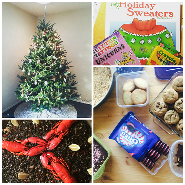 Top Left: a decorated Christmas tree; Top Right: holiday sweaters coloring book with crayons for white elephant exchange; Bottom Left: squid ink paella with whole cooked lobsters on top; Bottom Right: holiday cookies and sweets
