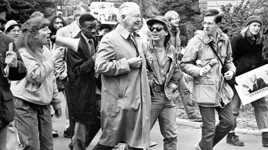 President Fleming and demonstrators, 1988