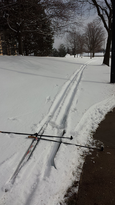 Jeff's skis and poles lying in the snow