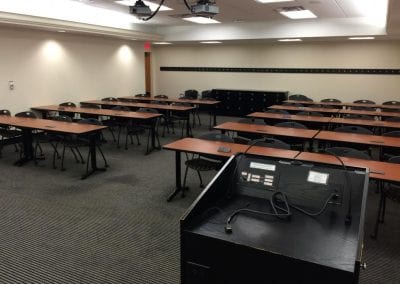 An empty room in the Rackham Building with rows of tables and chairs facing a lectern at the front.