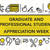 A yellow banner reads "Graduate and Professional Student Appreciation Week" surrounded by black outlined icons like a donut, gift, and graduation cap.
