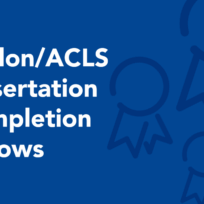 White text on a blue background reads "Mellon/ACLS Dissertation Completion Fellows" next to outlined ribbon icons.