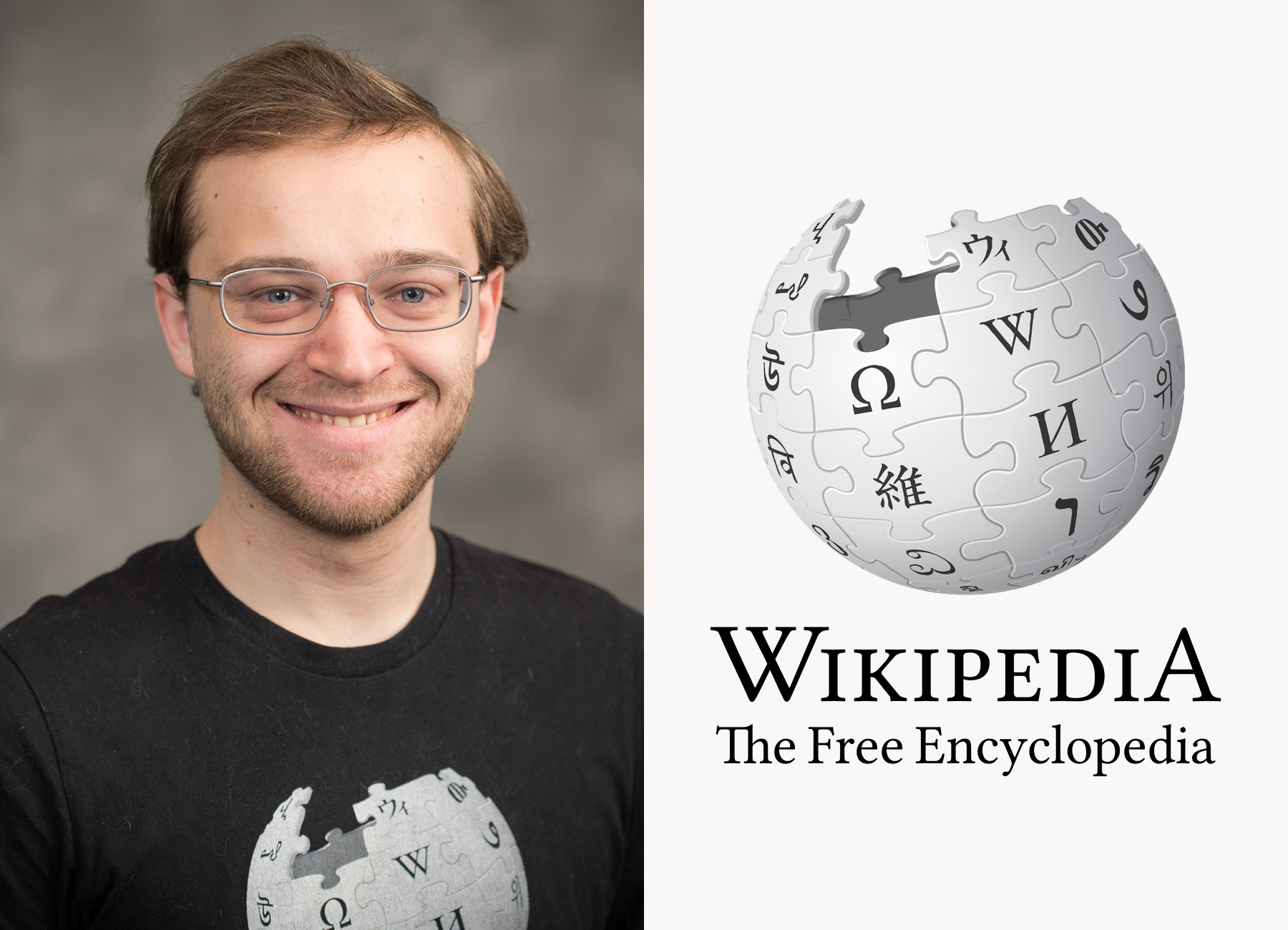 Headshot of Samuel Baltz beside the Wikipedia logo.