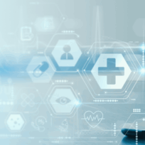 Stethoscope on a desk with digital healthcare icons overlay, representing medical technology and healthcare innovation.