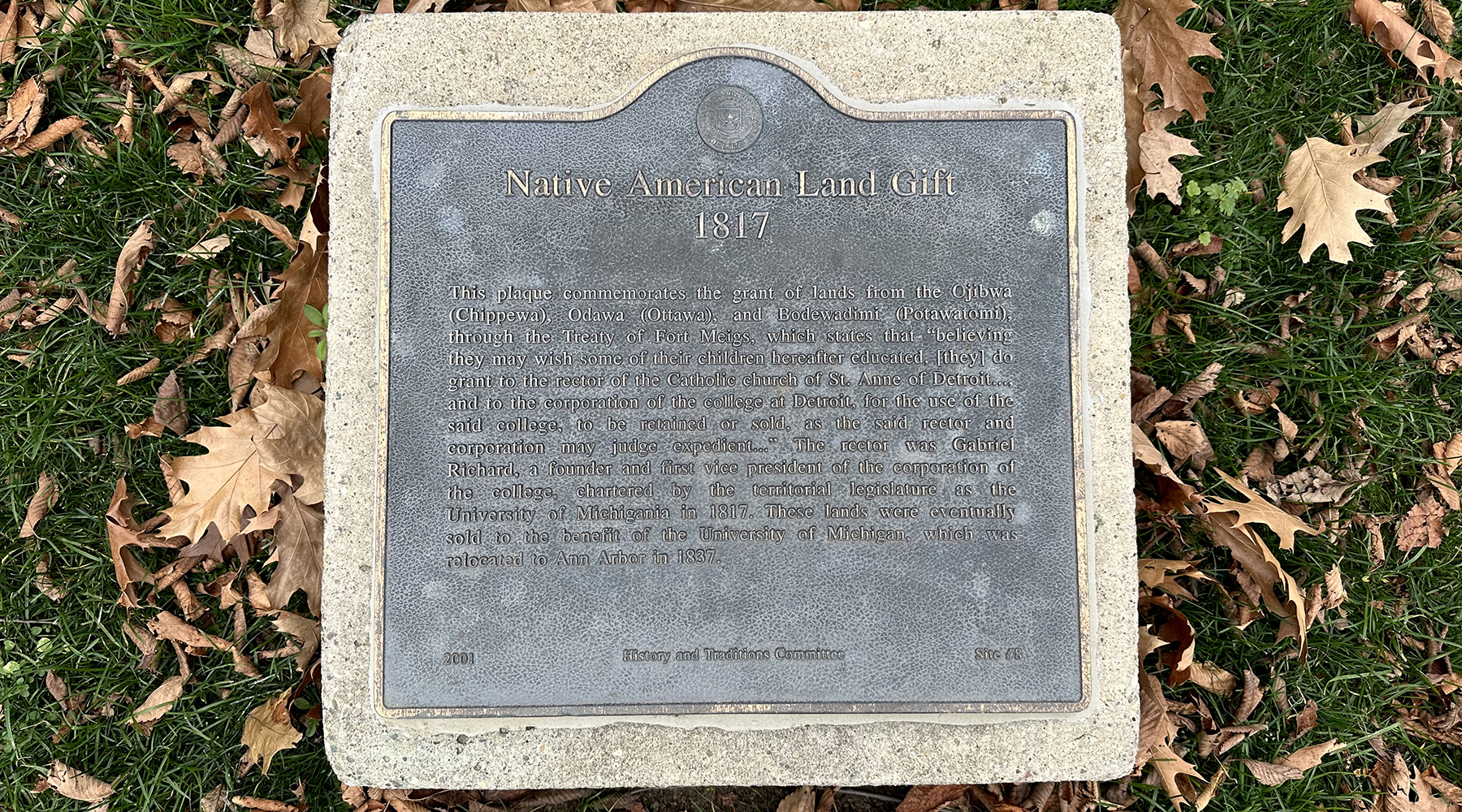 A photo of the U-M Native American Land Gift of 1817 plaque.