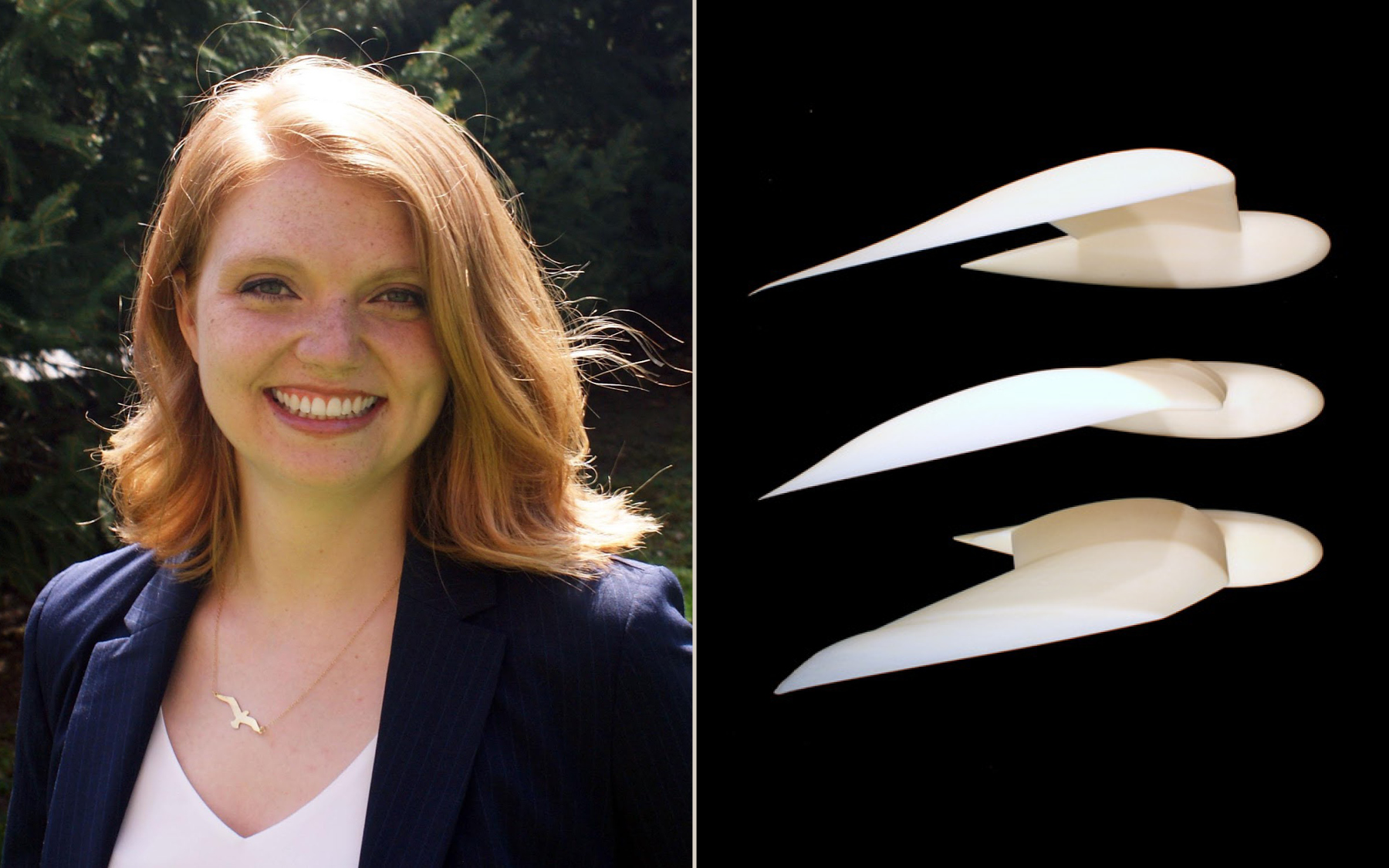 A headshot of Christina Harvey beside a photo of three model wings based on her research.