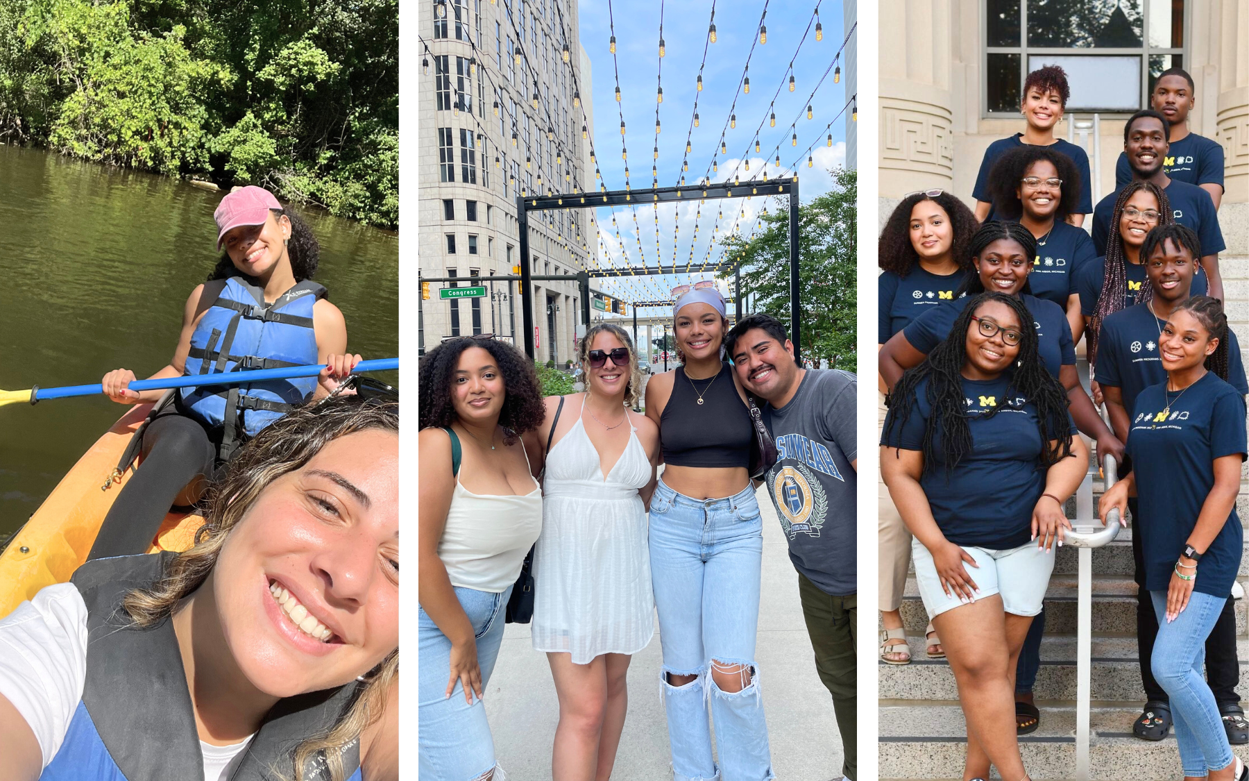 Three side-by-side images ft. Sayler in a kayak with an SROP participant, a group photo of four SROP participants in Detroit, and a photo of SROP participants on the Rackham steps. 