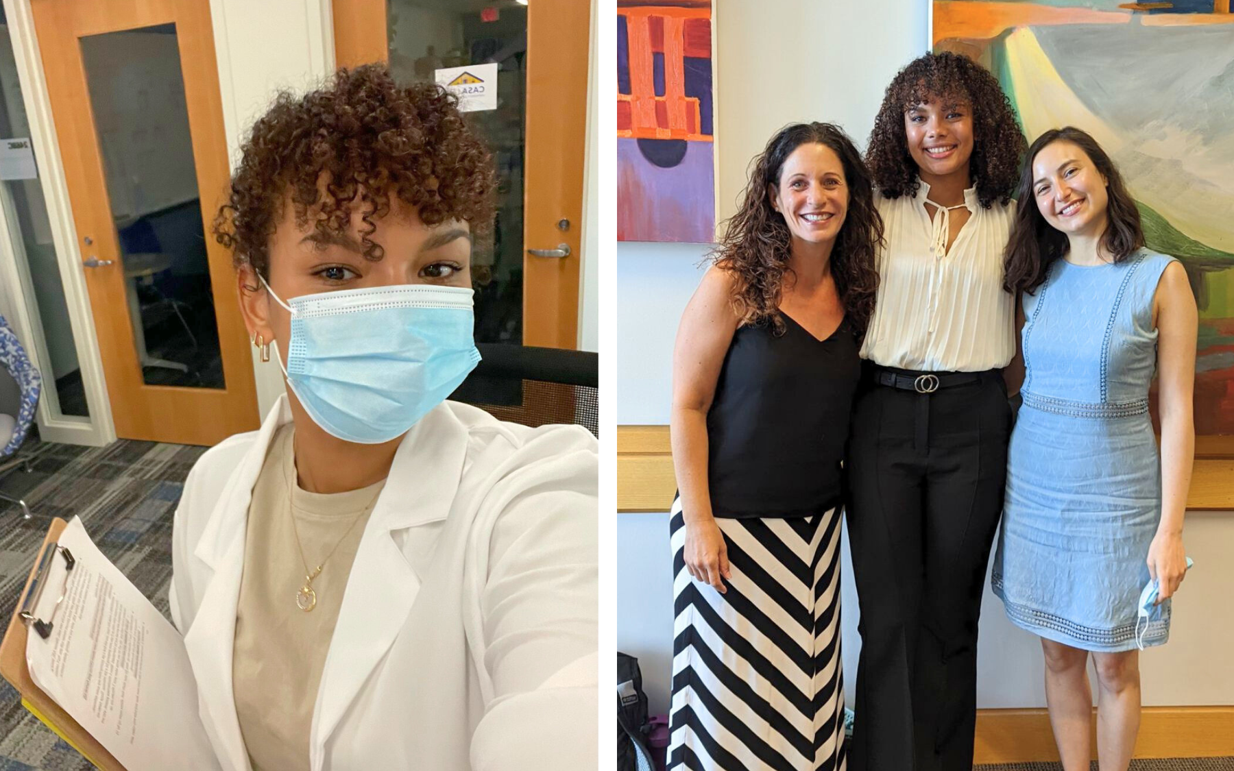 Two images side by side. The first is Sayler wearing a mask and carrying a clip board. The second is Sayler flanked by Dr. Edelstein and Esra Ascigil.