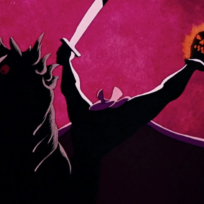 Silhouette of a headless horseman on a black horse, holding a sword and a glowing pumpkin head against a red background.