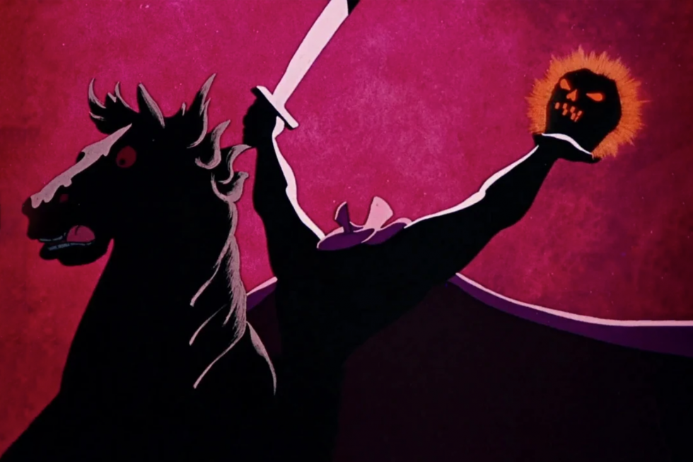 Silhouette of a headless horseman on a black horse, holding a sword and a glowing pumpkin head against a red background.
