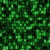 Green digital code with letters and numbers on a black background, resembling a data stream or matrix effect.