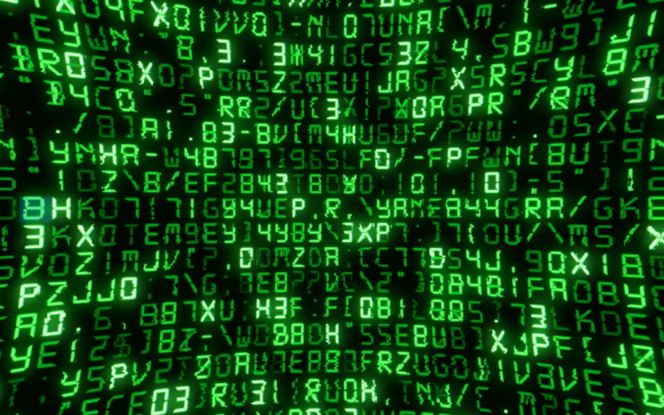 Green digital code with letters and numbers on a black background, resembling a data stream or matrix effect.
