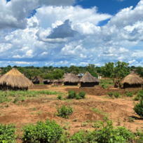A rural landscape with several thatched-roof huts, green vegetation, and a partly cloudy sky.
