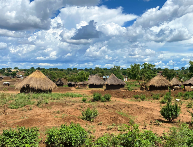 A rural landscape with several thatched-roof huts, green vegetation, and a partly cloudy sky.