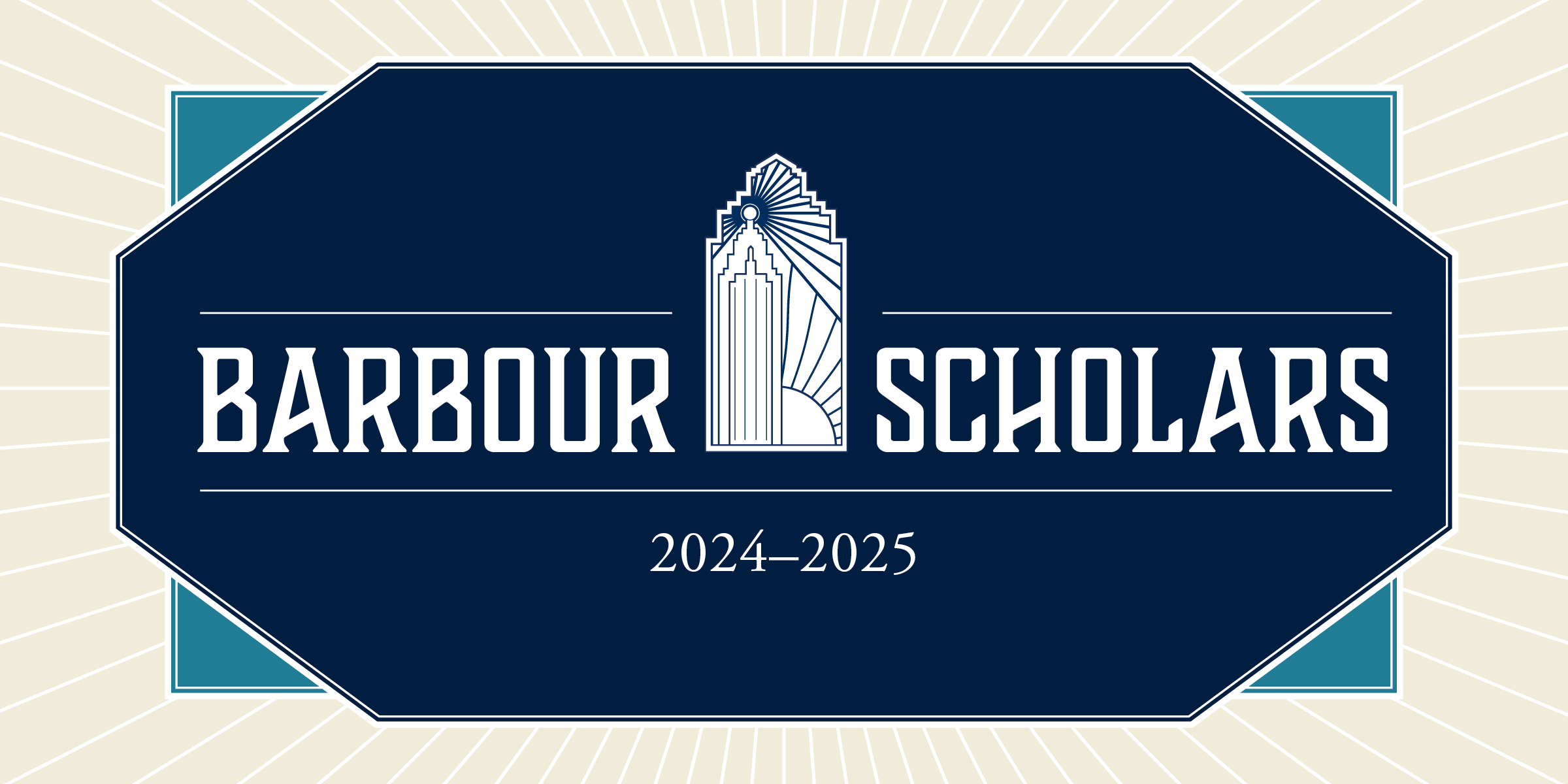 Logo of barbour scholars for the 2024-2025 academic year featuring an illustration of a book and light rays on a dark blue octagonal background with gold and teal accents.