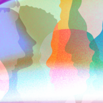Colorful overlapping silhouettes of people in profile against a textured, gradient background.