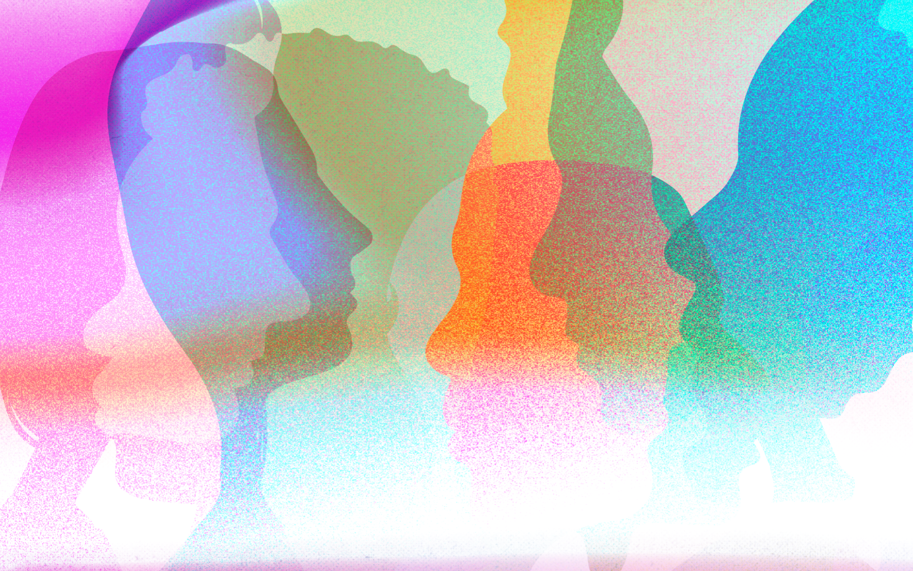 Colorful silhouettes of multiple overlapping faces against a textured pink and purple background.