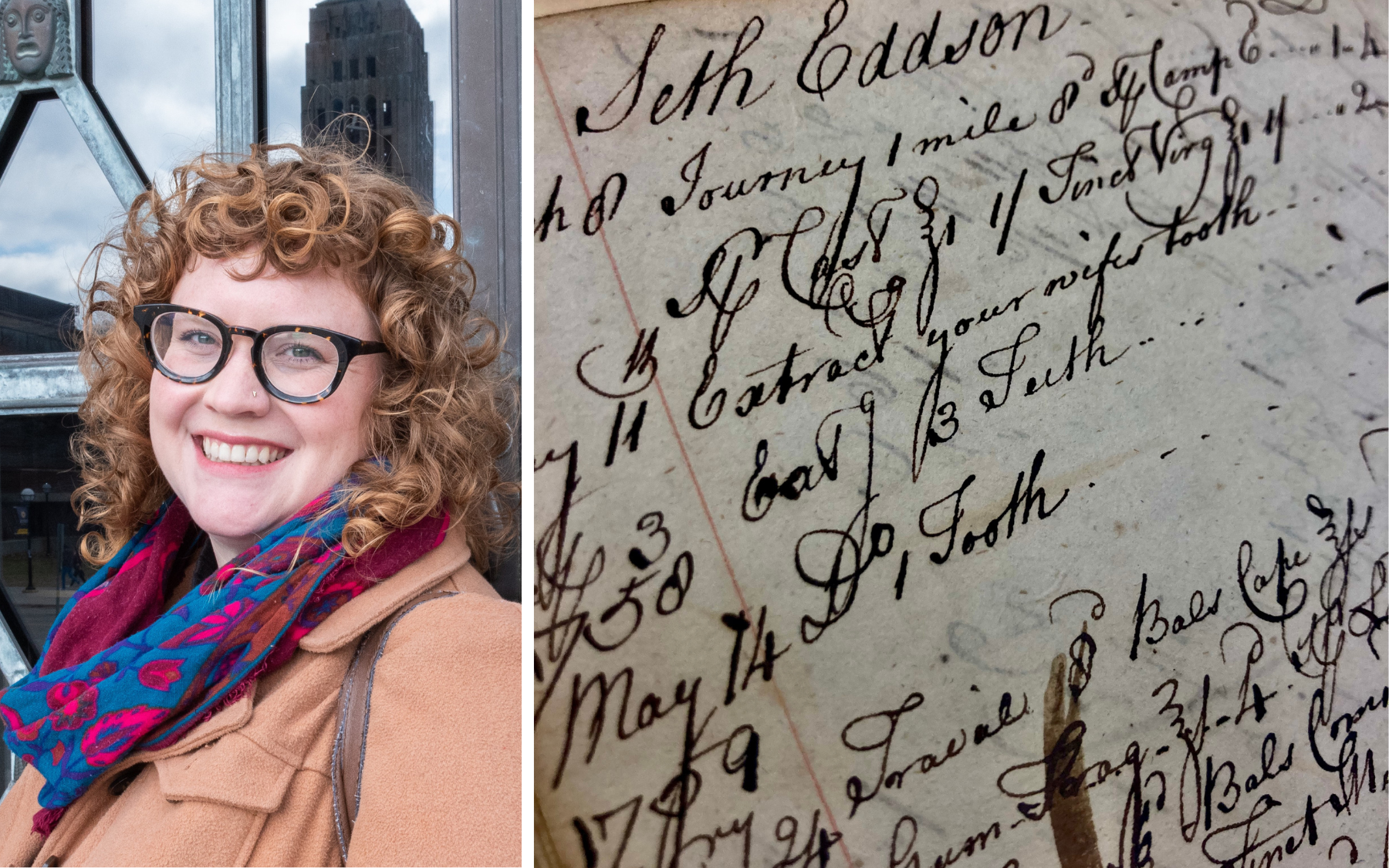 A woman with curly hair and glasses smiles near a window, adjacent to an old handwritten document with cursive writing.