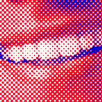 Pop art style close-up of a slightly open red and white mouth with dotted patterns against a blue background.