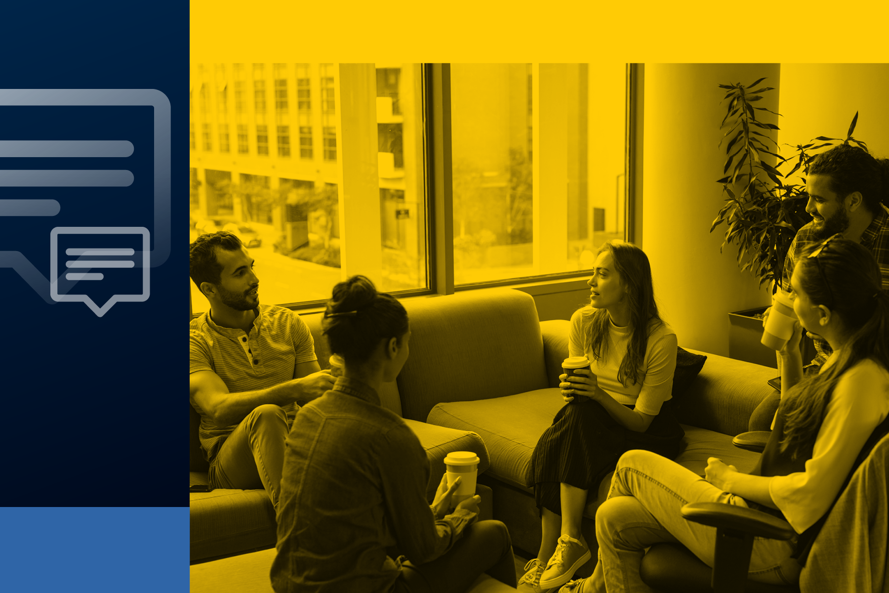 A group of people sitting on couches and chairs having a discussion in a well-lit room.