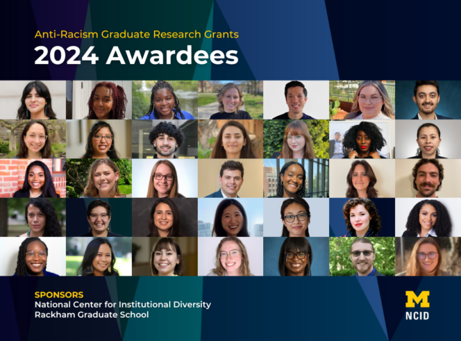 A collage of diverse individuals, labeled as 2024 awardees of the Anti-Racism Graduate Research Grants, sponsored by the National Center for Institutional Diversity and Rackham Graduate School.