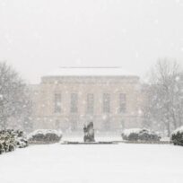 Snow-covered landscape with large building in the background, surrounded by trees and bushes. Snowflakes are falling heavily, creating a serene winter scene.