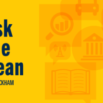 Yellow graphic with "Ask the Dean" text and various academic icons including a book, microscope, magnifying glass, and university building. University of Michigan Rackham logo present.