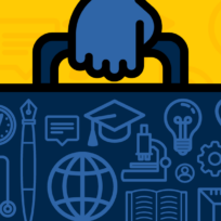 Illustration of a hand holding a suitcase with symbols on it, including a globe, graduation cap, microscope, and lightbulb, against a yellow background with faded educational icons.