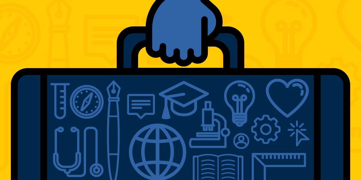 Illustration of a hand holding a suitcase with symbols on it, including a globe, graduation cap, microscope, and lightbulb, against a yellow background with faded educational icons.