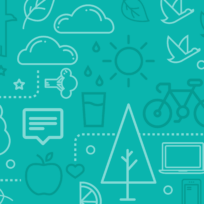 Illustrated teal background with outlines of trees, clouds, a bicycle, sun, laptop, book, apple, and various symbols like stars and birds.