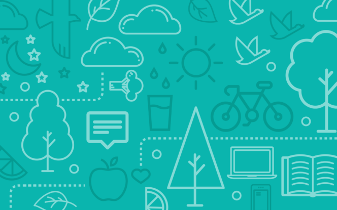 Illustrated teal background with outlines of trees, clouds, a bicycle, sun, laptop, book, apple, and various symbols like stars and birds.