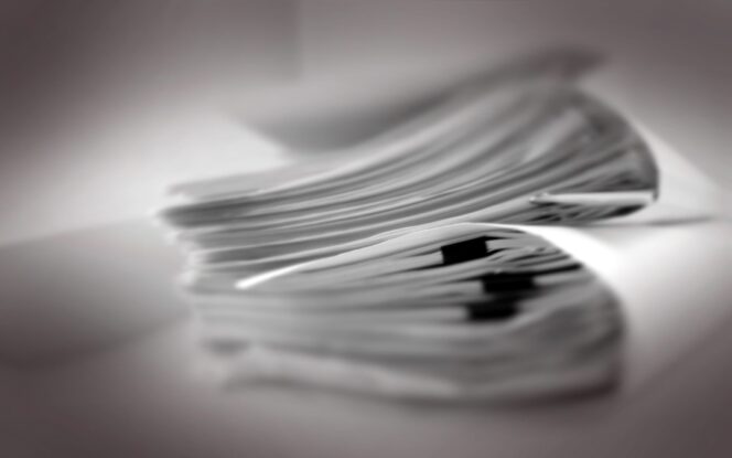 A blurred stack of papers or documents, arranged in a slightly fanned out manner, resting on a flat surface.