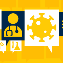 Icons of a plane, bus, health professional, virus, microchip, crops, home, test tube, and column are arranged on a yellow background, symbolizing various sectors and themes.
