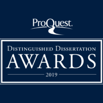 ProQuest Distinguished Dissertation Awards 2019 logo on a dark blue background.