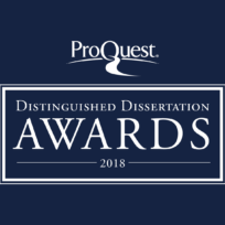 Logo for ProQuest Distinguished Dissertation Awards 2018 on a dark blue background.