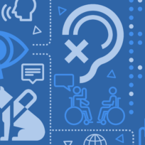 Blue background featuring accessibility symbols, including a guide dog, wheelchair users, a hearing icon with an X, and an eye symbol.