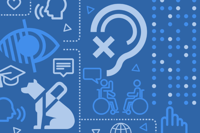 Blue background featuring accessibility symbols, including a guide dog, wheelchair users, a hearing icon with an X, and an eye symbol.