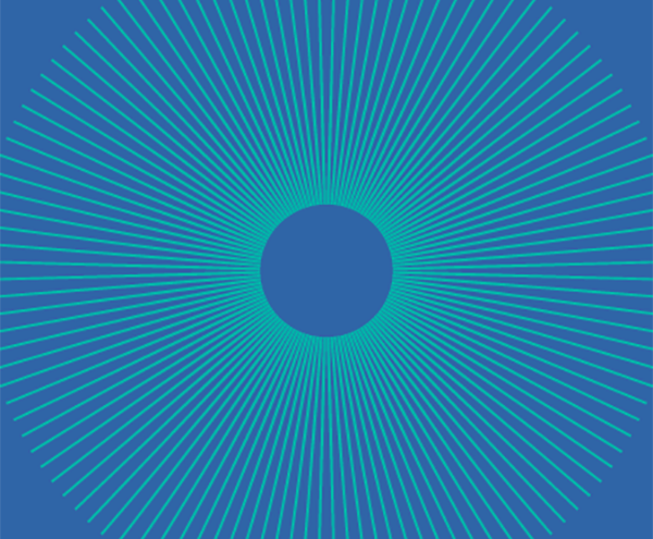 A radial pattern of thin turquoise lines emanating from a central black circle on a blue background.