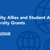 Blue graphic with "Faculty Allies and Student Ally Diversity Grants" text and globe designs. "Rackham" with University of Michigan logo is at the bottom left.