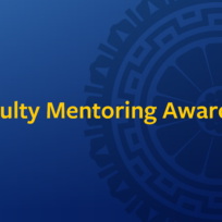 Yellow text on blue background reads "Faculty Mentoring Awards" with a decorative circular pattern on the right.