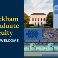 Rackham Graduate Faculty Fall Welcome graphic with images of a building, university seals, and trees.