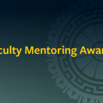 Text on a green background reads, "Faculty Mentoring Awards," with a geometric pattern on the right side.