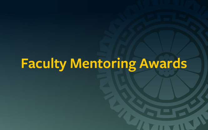 Text on a green background reads, "Faculty Mentoring Awards," with a geometric pattern on the right side.