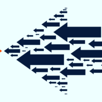 Large orange arrow pointing left, followed by many smaller blue arrows facing the same direction, depicting teamwork or unity.