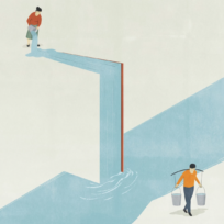 Illustration of a person pouring water against a wall, which flows around the obstacle. Another person carries two buckets of water on the bypassed path.