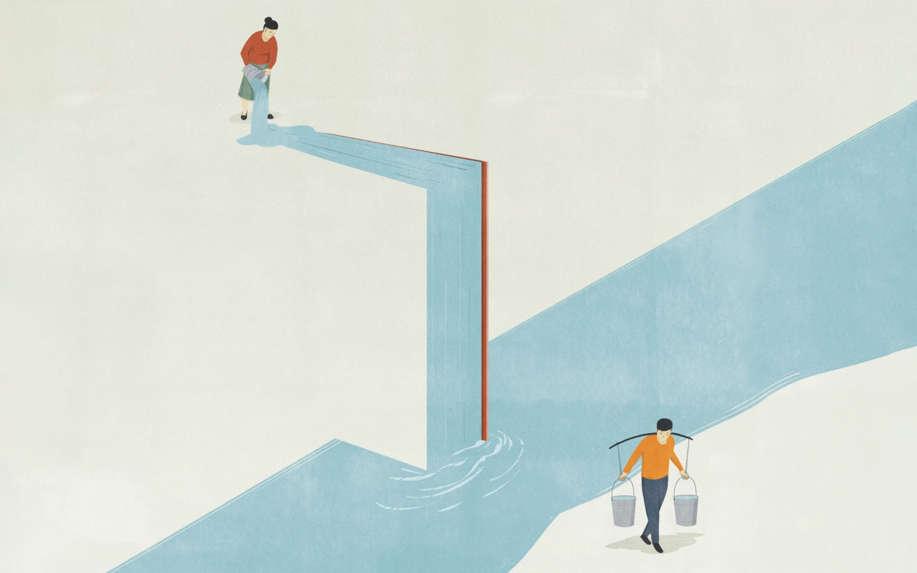Illustration of a person pouring water against a wall, which flows around the obstacle. Another person carries two buckets of water on the bypassed path.