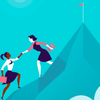 Illustration of two women climbing a mountain; one helps the other, symbolizing support or teamwork. They are nearing a flag at the summit, under a clear blue sky.