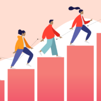 Four people climb increasing bar chart steps, holding a connected rope, symbolizing teamwork and progress.