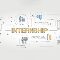 Illustration of an internship concept, featuring icons for mentor, skills, training, goal, knowledge, opportunity, experiences, and personal development surrounding the word "Internship.