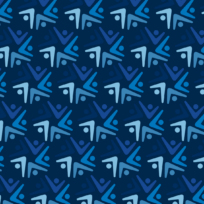 Abstract pattern of stylized figures in shades of blue on a dark blue background, arranged in a repeated diagonal formation.
